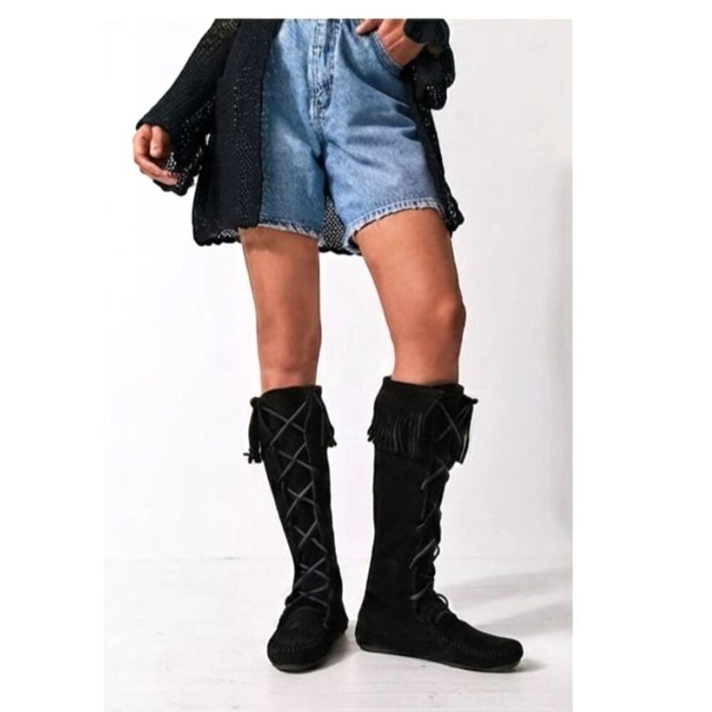 Minnetonka Black Suede Lace Up Fringe Knee High Boots Size 6 Y2K Boho